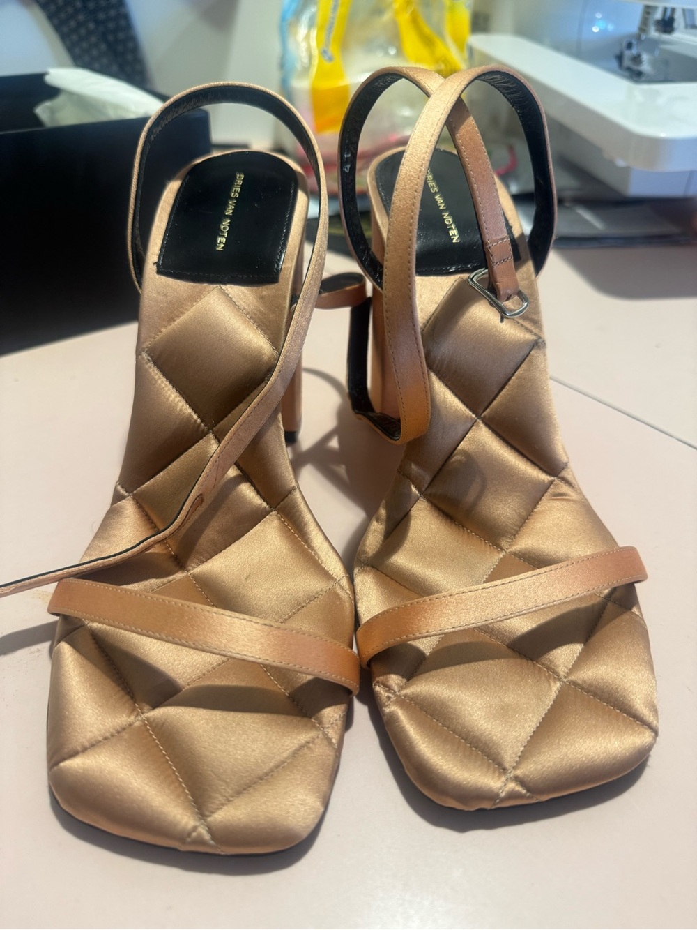 Dries Van Noten Satin Quilted Strappy Heels in Champagne Gold